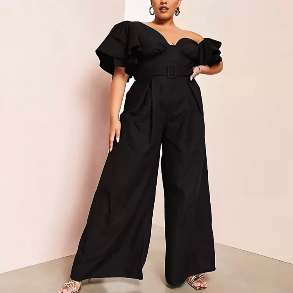 ASOS LUXE off-shoulder belted poplin jumpsuit in black